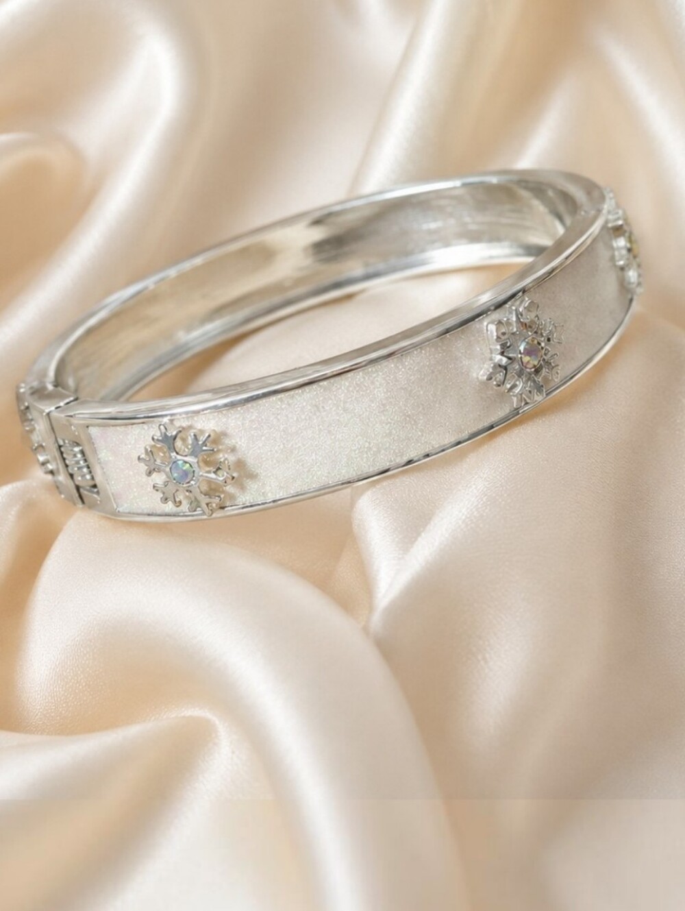 Icy Snowflake Hinged Cuff Bangle Bracelet – Silver Tone Frosted Finish